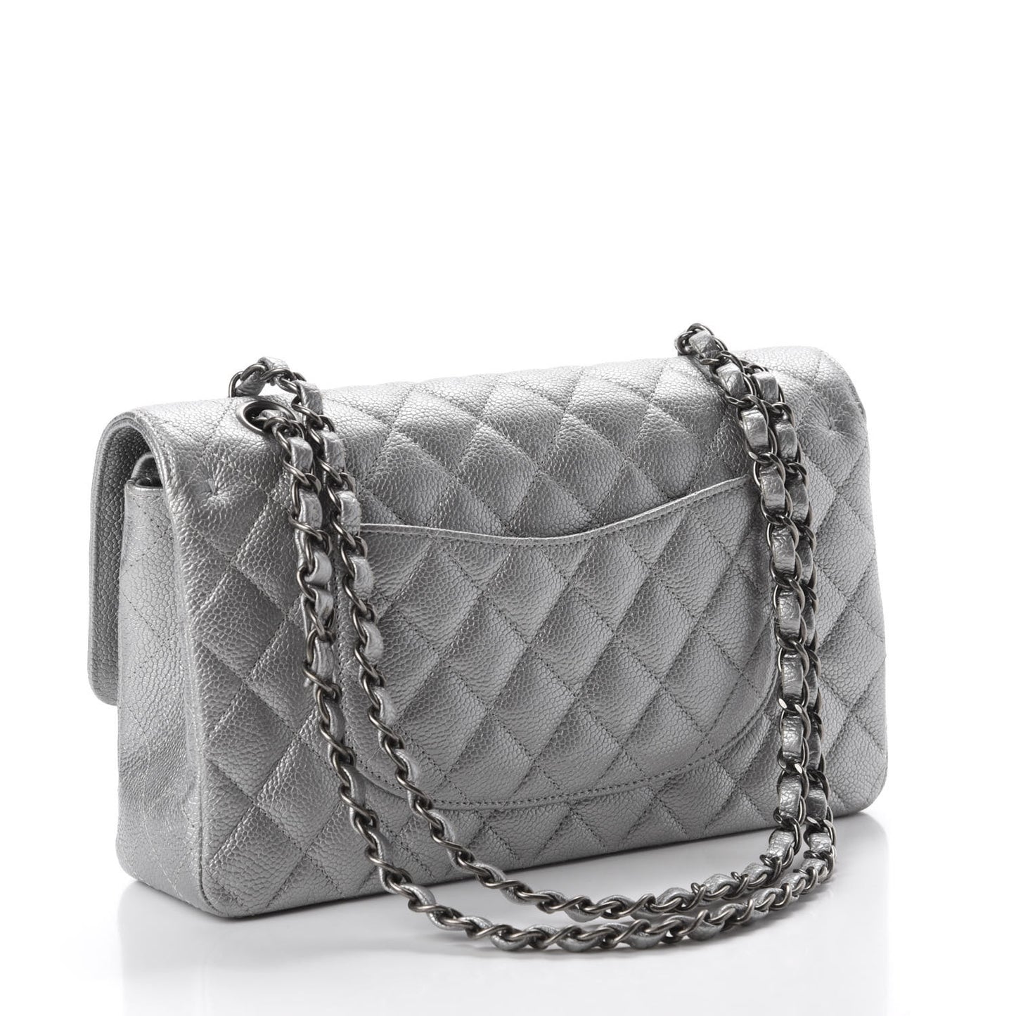 Metallic Caviar Quilted Medium Double Flap Silver