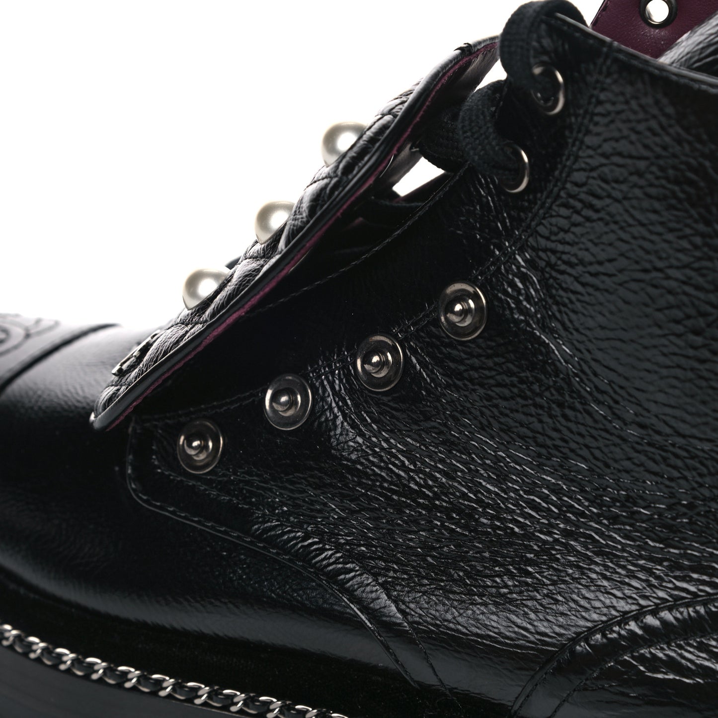 Crackled Calfskin Velvet Pearl Combat Short Boots 38 Black