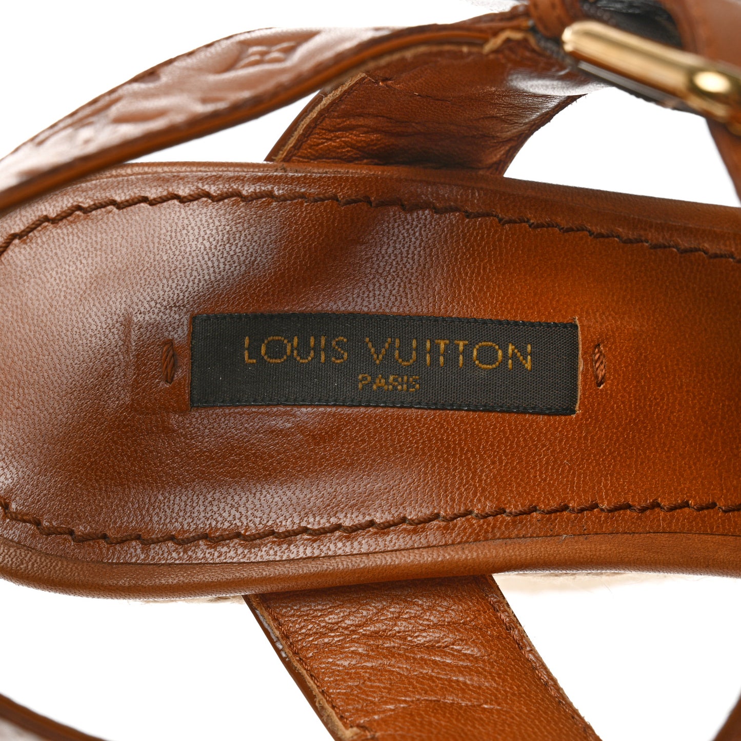 Calfskin Monogram Embossed Espadrille Wedge Sandals 35.5 Cognac