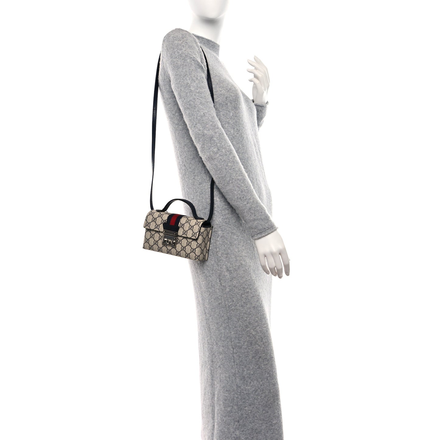 GG Supreme Monogram Textured Dollar Calfskin Web Mini Padlock Top Handle Shoulder Bag Beige Blue