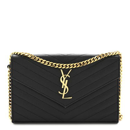 Saint Laurent Grain De Poudre Matelasse Chevron Monogram Chain Wallet Black 1 of 14