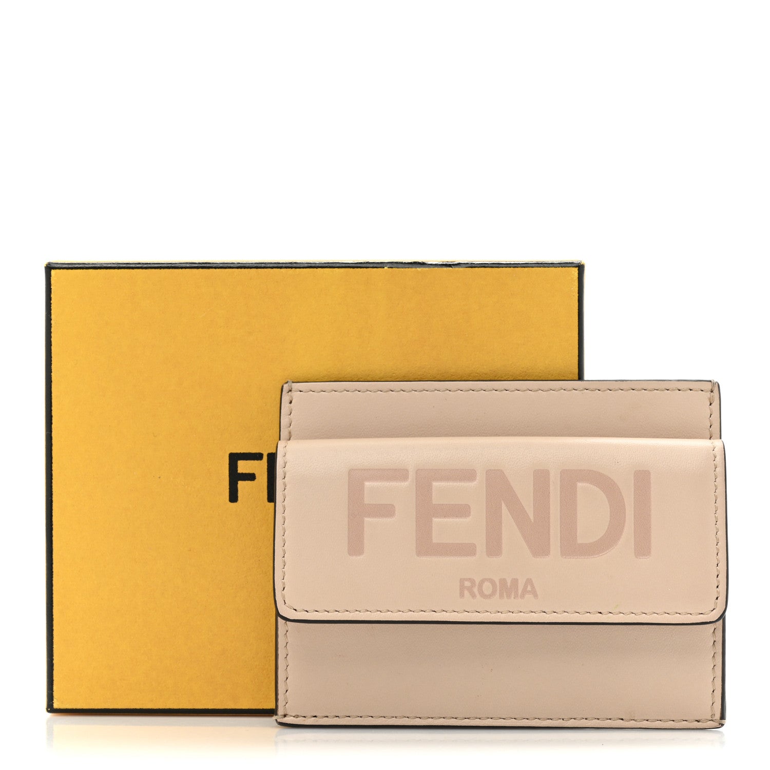 Fendi Vitello King Tamponato Logo Embossed Fold Over Card Holder Wallet Poudre 13 of 13