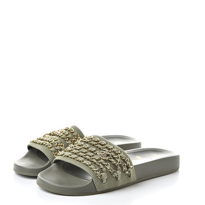Chanel Canvas Chain Flat Sandals 37 Khaki 3 of 8