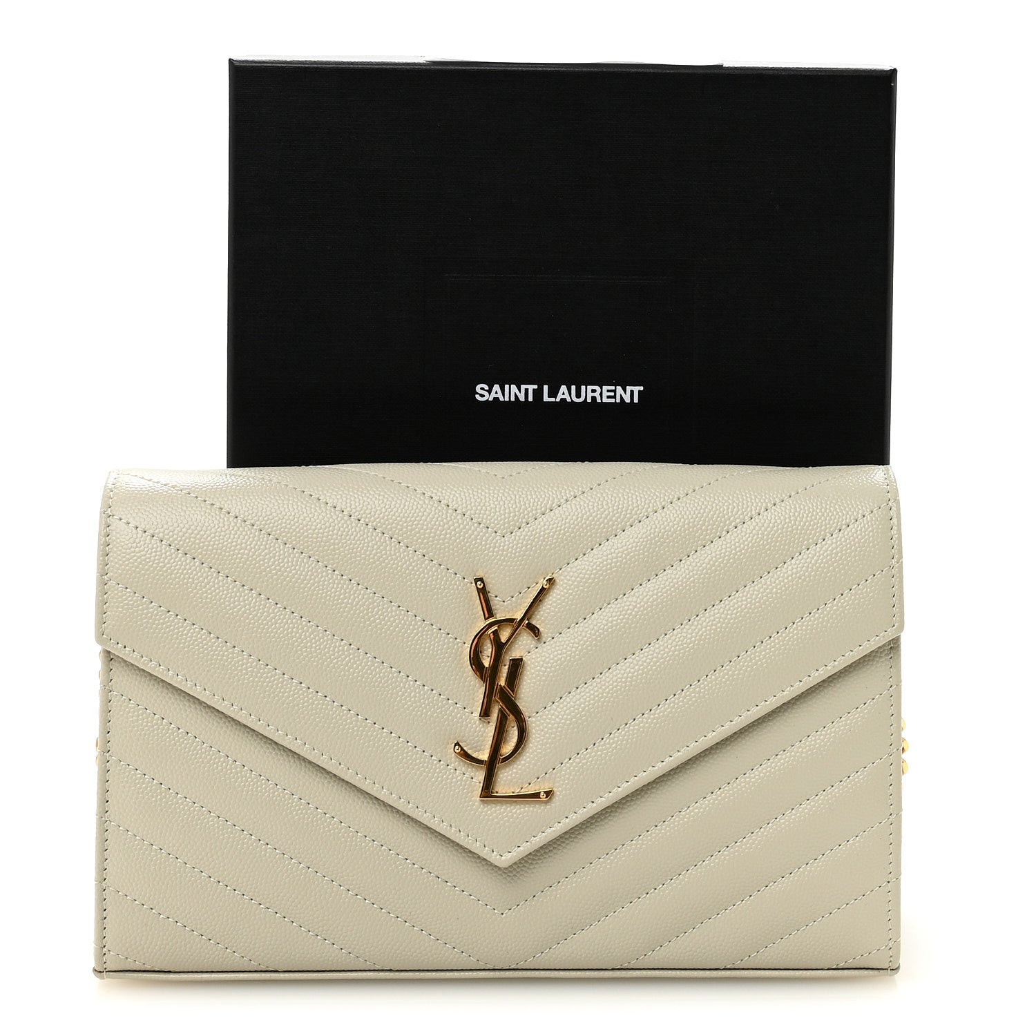 Saint Laurent Grain De Poudre Matelasse Chevron Monogram Chain Wallet Crema Soft 10 of 10