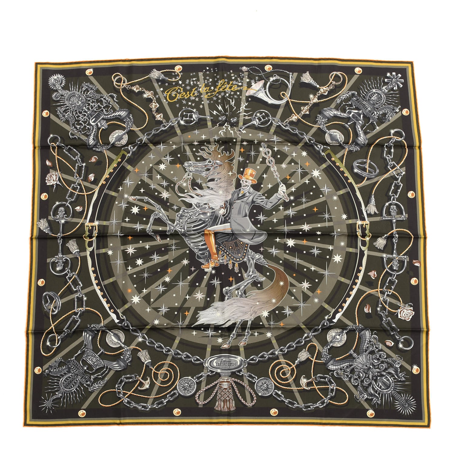 Hermes Silk C'est La Fete Scarf 90 Kaki Anthracite Gris 1 of 4