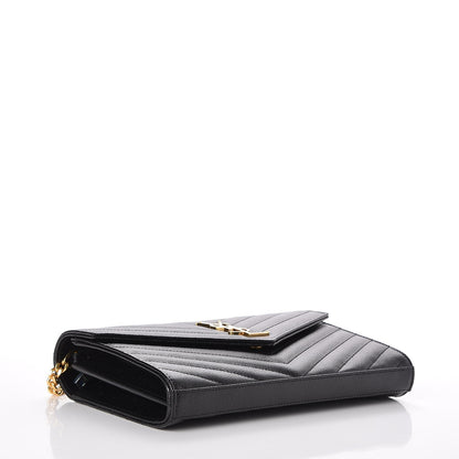 Saint Laurent Grain De Poudre Matelasse Chevron Monogram Chain Wallet Black 4 of 7