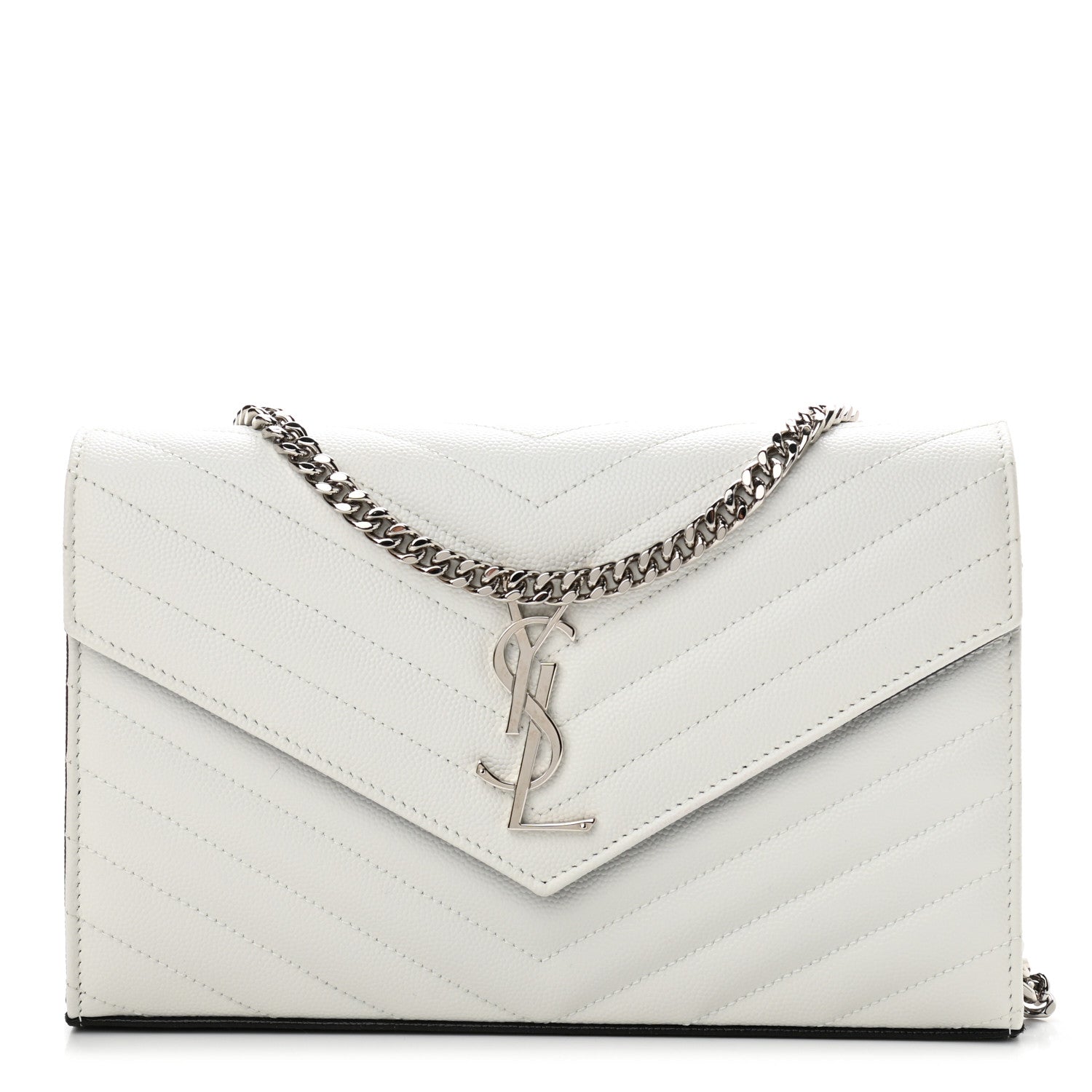 Saint Laurent Grain De Poudre Matelasse Bi-Color Chevron Monogram Chain Wallet White Black 1 of 10