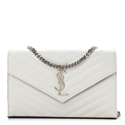 Saint Laurent Grain De Poudre Matelasse Bi-Color Chevron Monogram Chain Wallet White Black 1 of 10