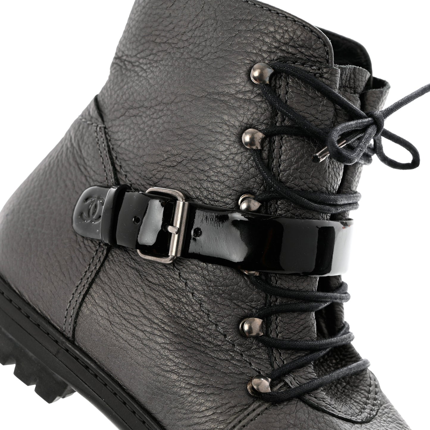 Metallic Grained Calfskin Patent Cap Toe Combat Short Boots 38.5 Dark Silver