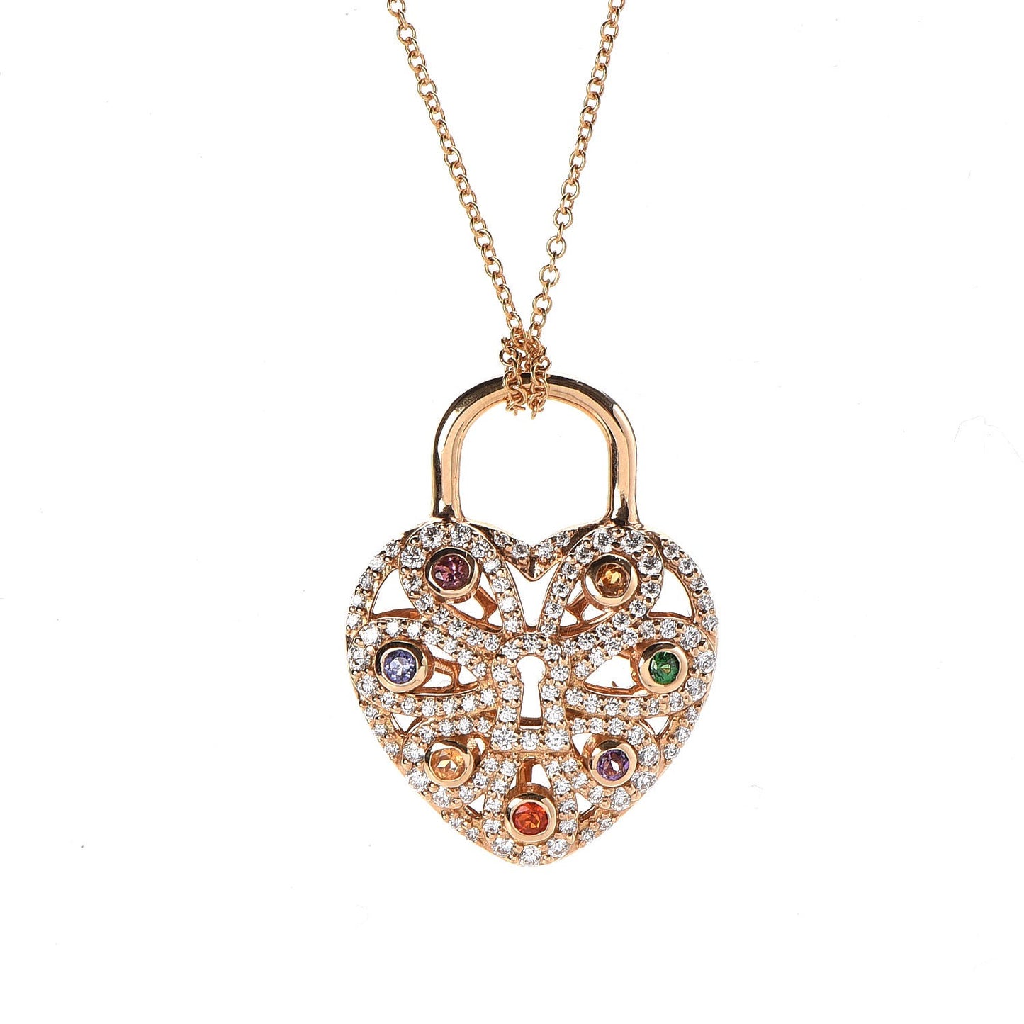 18K Rose Gold Diamond Multistone Filigree Heart Pendant Necklace