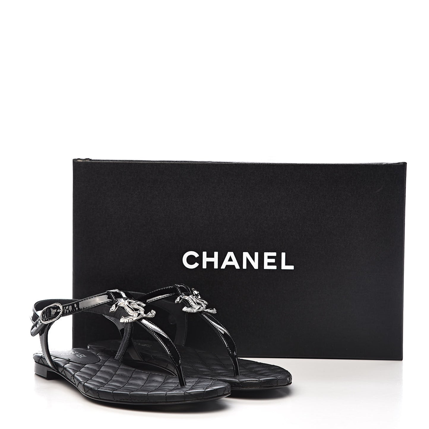 Patent Calfskin CC Chain Thong Sandals 35 Black