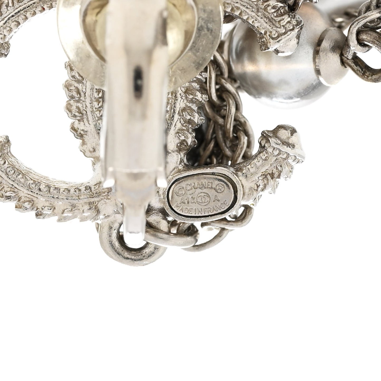 Metal Chain Pearl CC Drop Clip On Earrings Silver