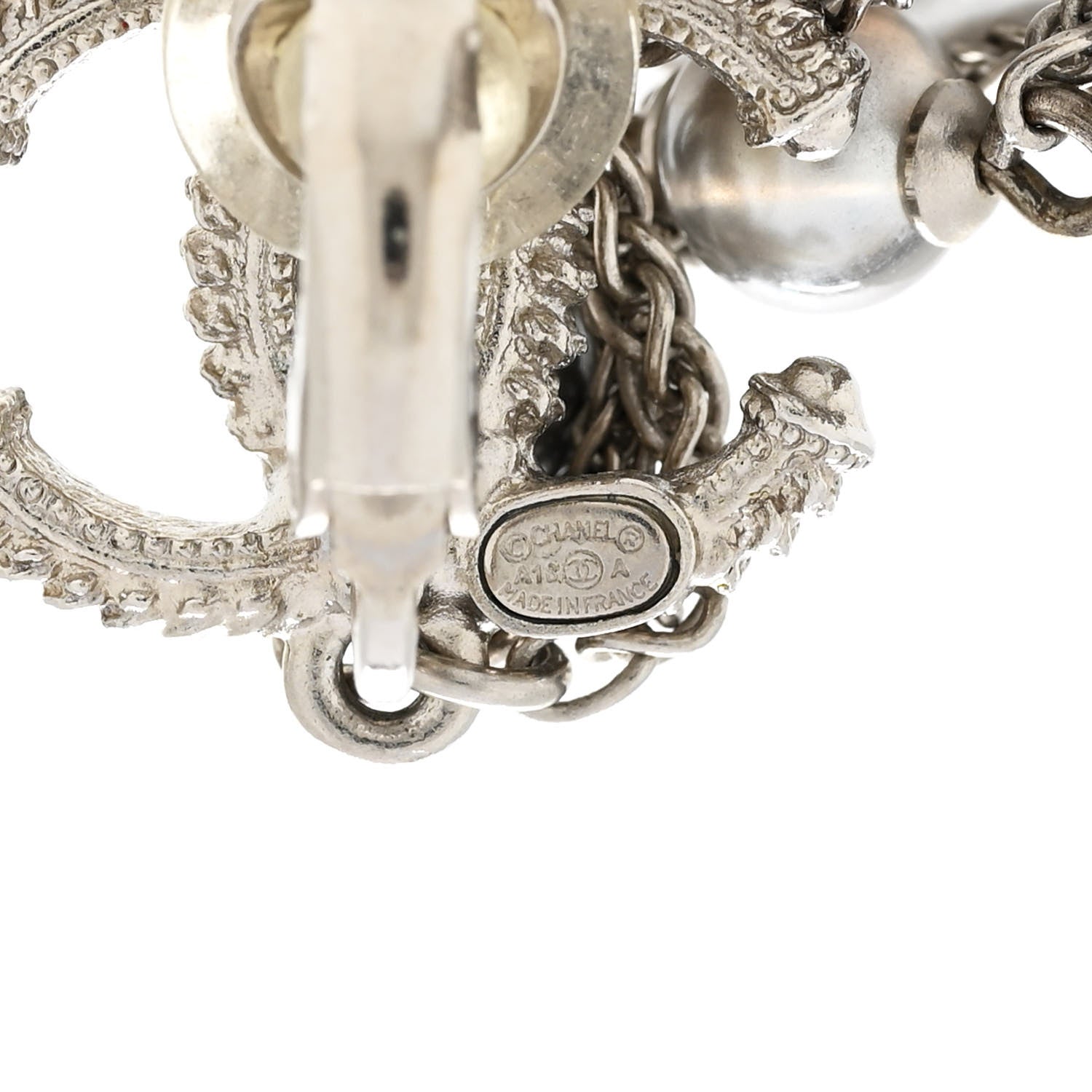 Chanel Metal Chain Pearl CC Drop Clip On Earrings Silver 4 of 4