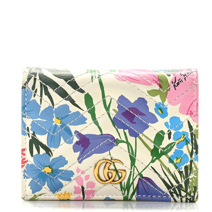 Gucci X KEN SCOTT Calfskin Matelasse Floral Print GG Marmont Card Case Wallet Ivory Pink 1 of 8