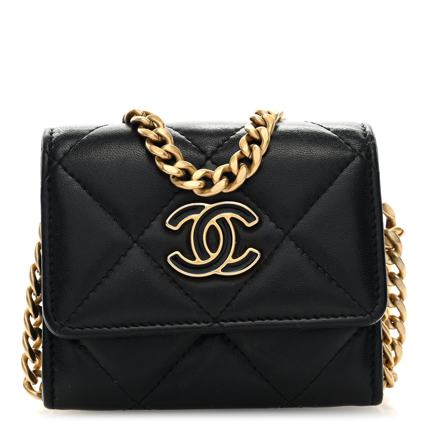 Chanel Lambskin Enamel Quilted Pending CC Card Holder On Chain Black 1 of 9