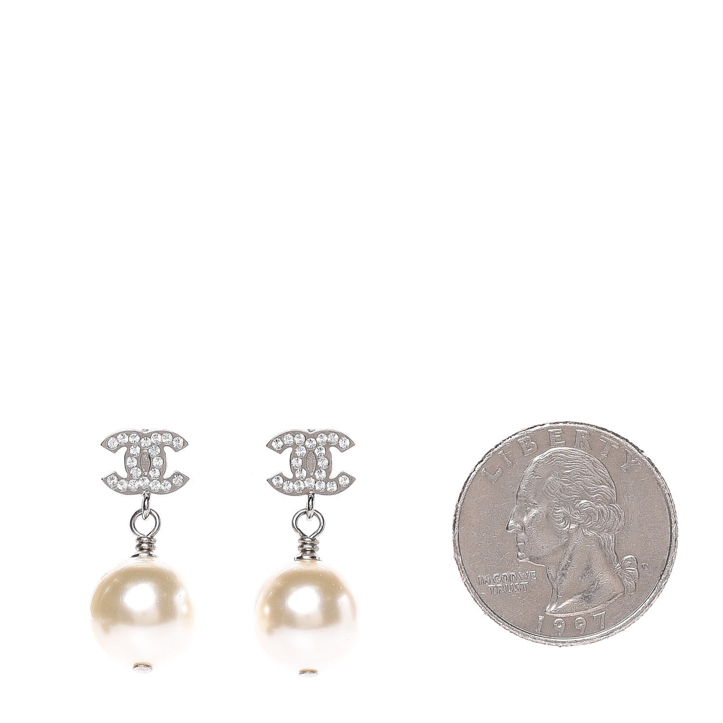 Crystal Pearl CC Drop Earrings Silver Pearly White