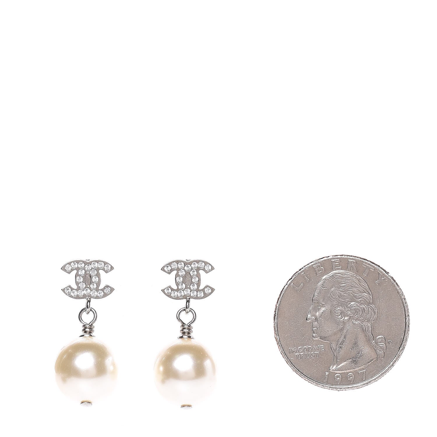 Chanel Crystal Pearl CC Drop Earrings Silver Pearly White 2 of 5
