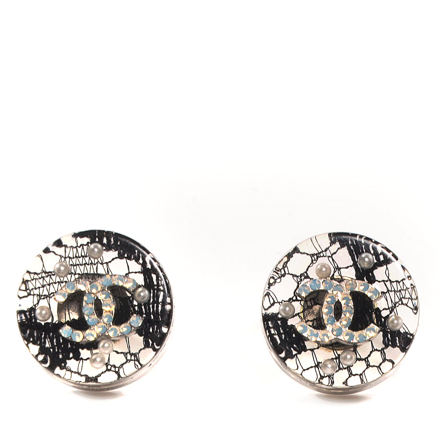 Resin Crystal Pearl Lace CC Earrings Black