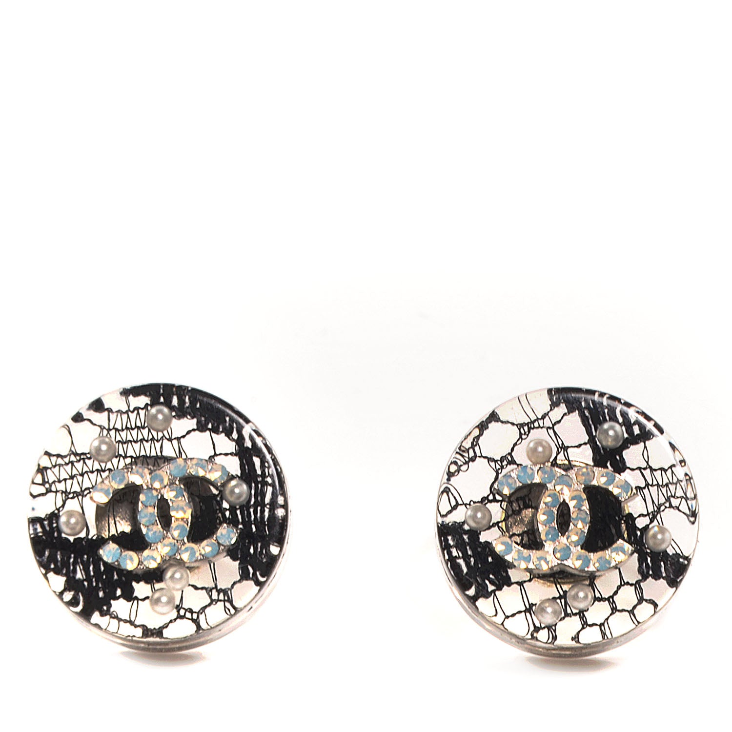 Chanel Resin Crystal Pearl Lace CC Earrings Black 1 of 5