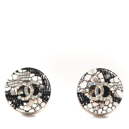 Chanel Resin Crystal Pearl Lace CC Earrings Black 1 of 5