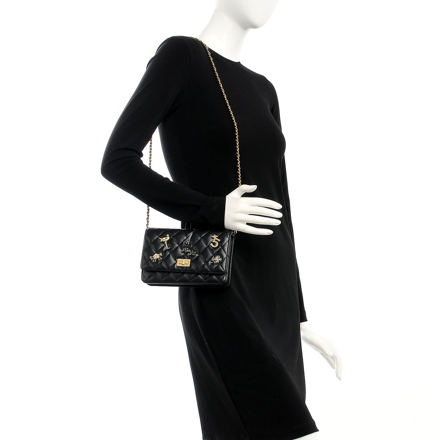 Aged Calfskin Quilted Lucky Charms 2.55 Reissue Wallet On Chain WOC Black