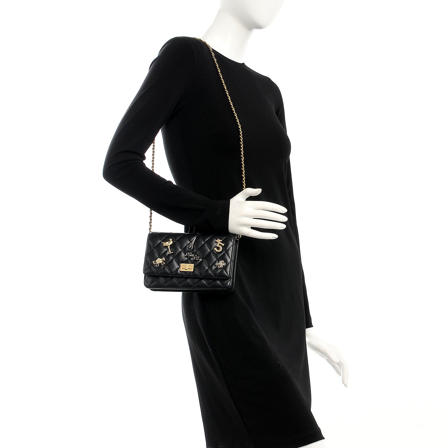 Chanel Aged Calfskin Quilted Lucky Charms 2.55 Reissue Wallet On Chain WOC Black 2 of 9