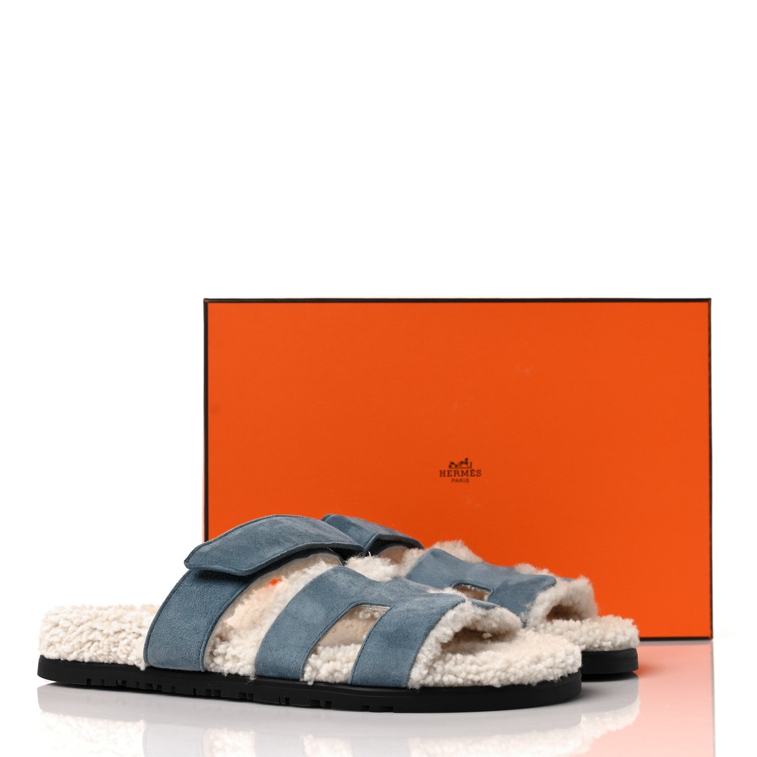 Hermes Suede Goatskin Woolskin Womens Chypre Sandals 39 Bleu Pinede Ecru 8 of 8