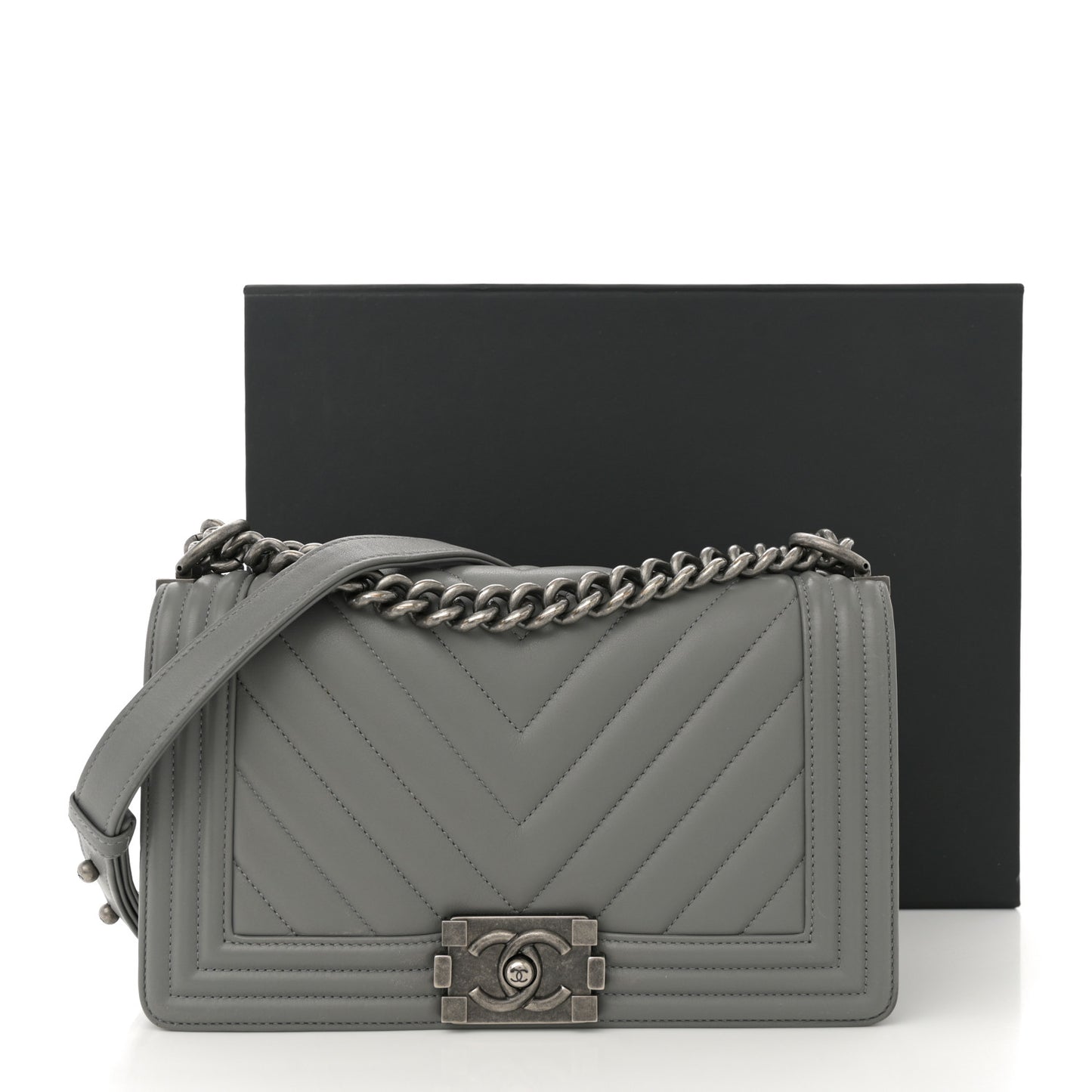 Calfskin Chevron Quilted Medium Boy Flap Grey