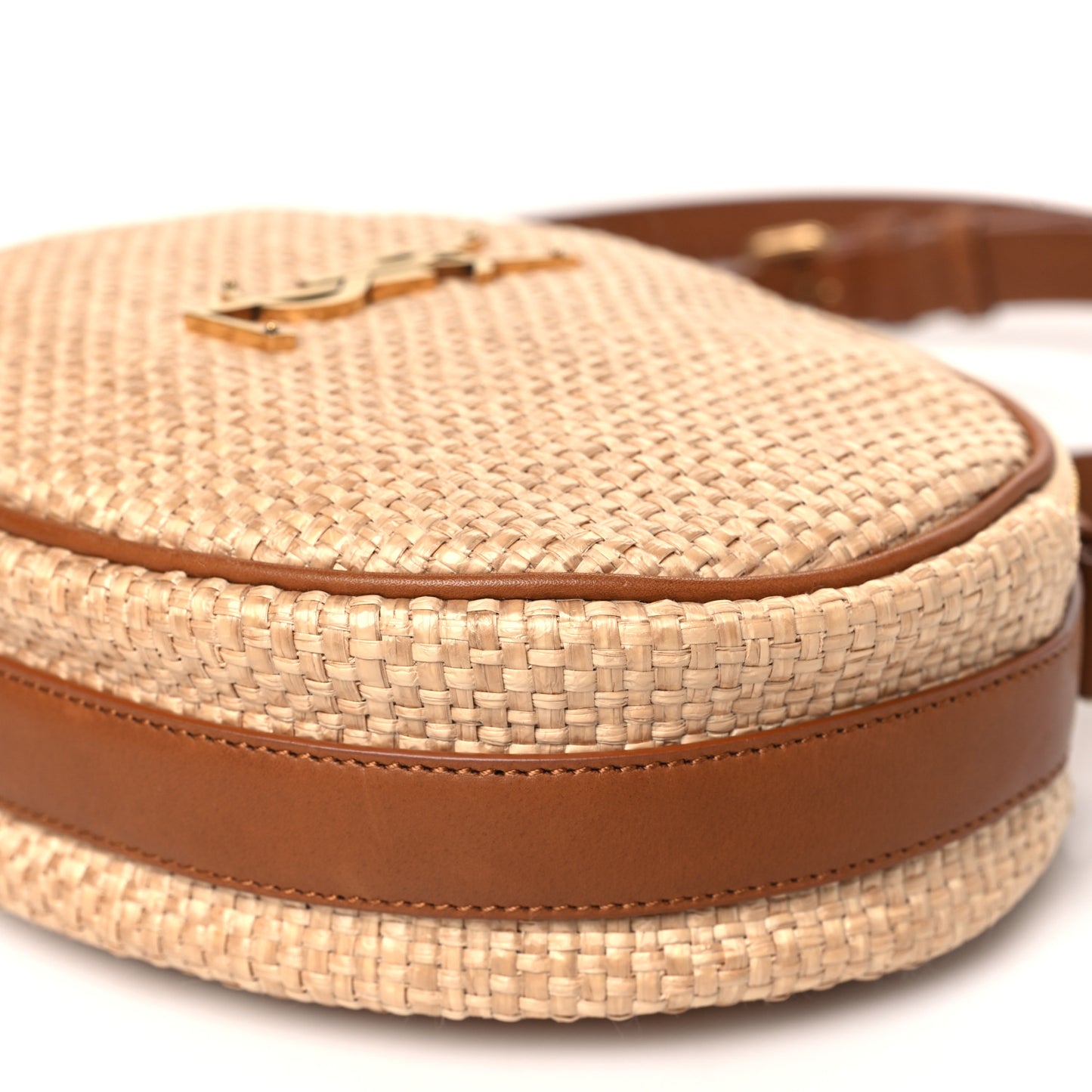 Raffia Calfskin Round Camera Bag Golden Ecru Brick