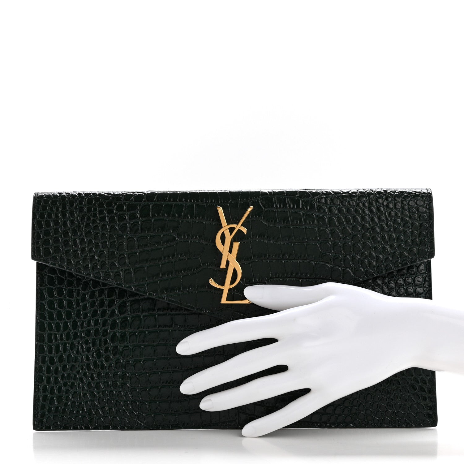 Saint Laurent Calfskin Crocodile Embossed Uptown Monogram Clutch  Dark Mint 2 of 7