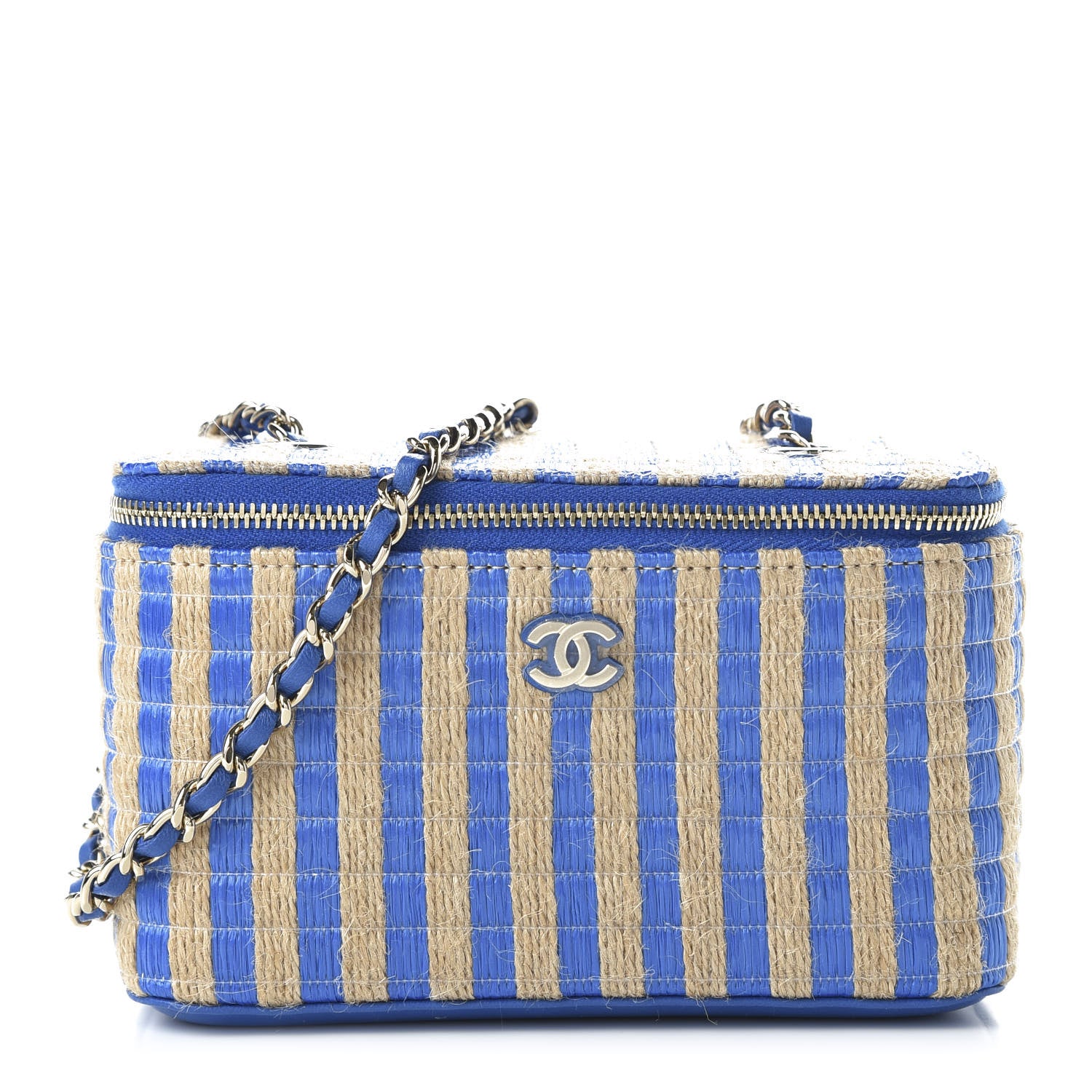 Chanel Striped Raffia Jute Vanity With Chain Blue Beige 1 of 11