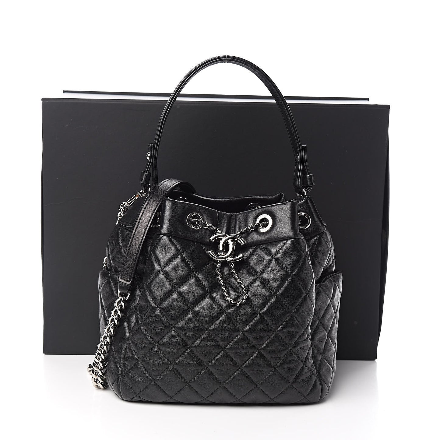 Lambskin Quilted CC Chain Drawstring Tote Black
