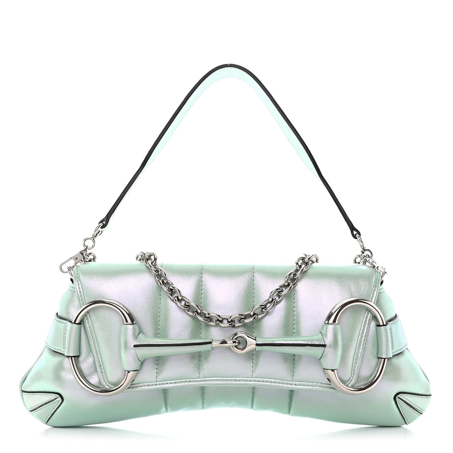 Iridescent Nappa Vertical Matelasse Medium Maxi Horsebit Chain Shoulder Bag Iridescent Salvy Green
