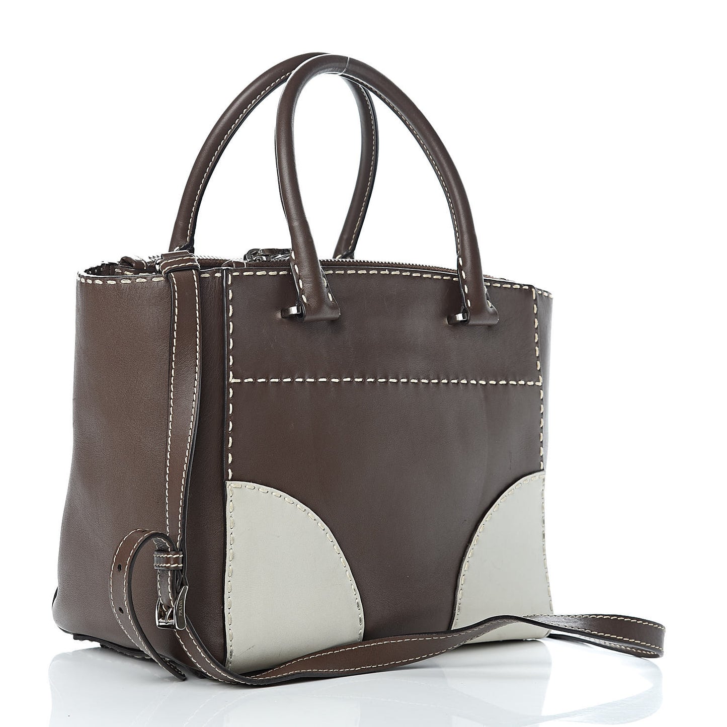 City Calf Small Stitched Twin Pocket Tote Cacao White