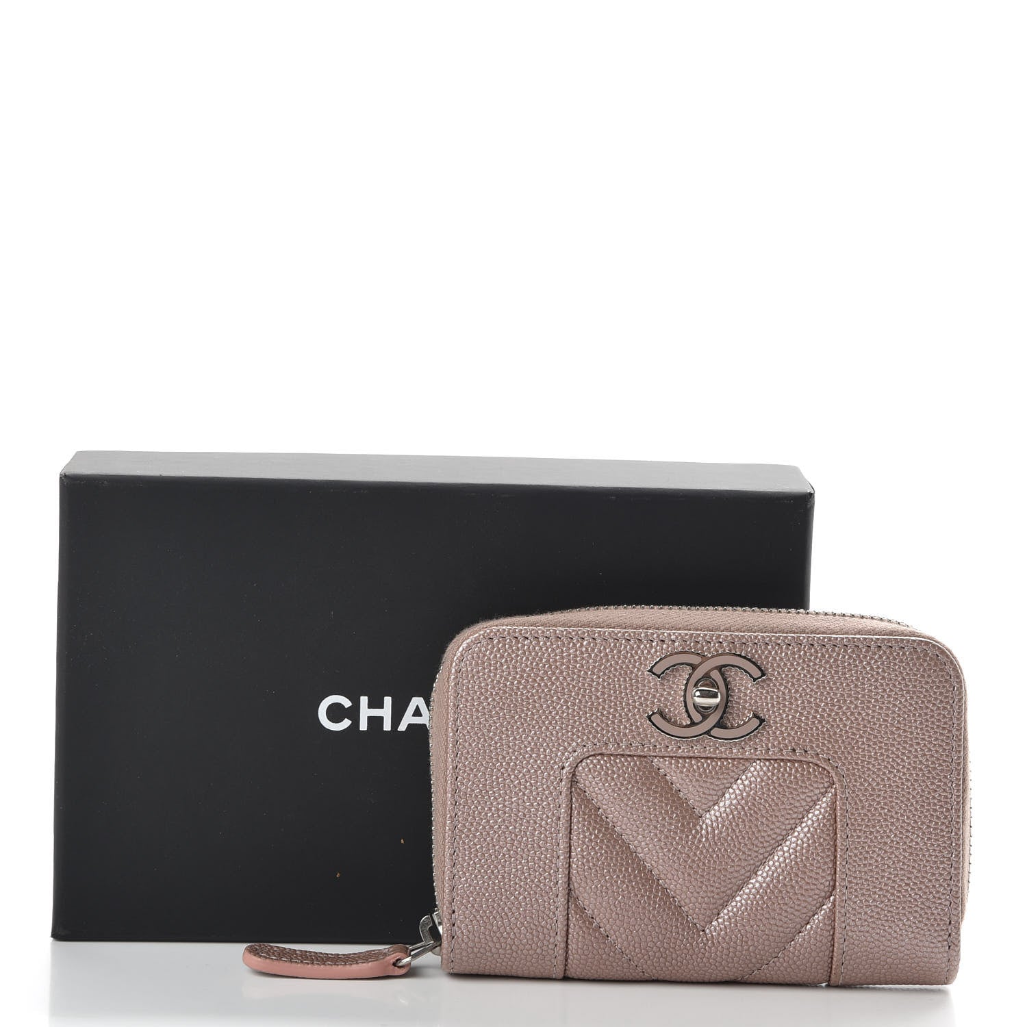 Chanel Metallic Caviar Chevron Quilted Vintage Mademoiselle Zip Coin Purse Pink 8 of 8