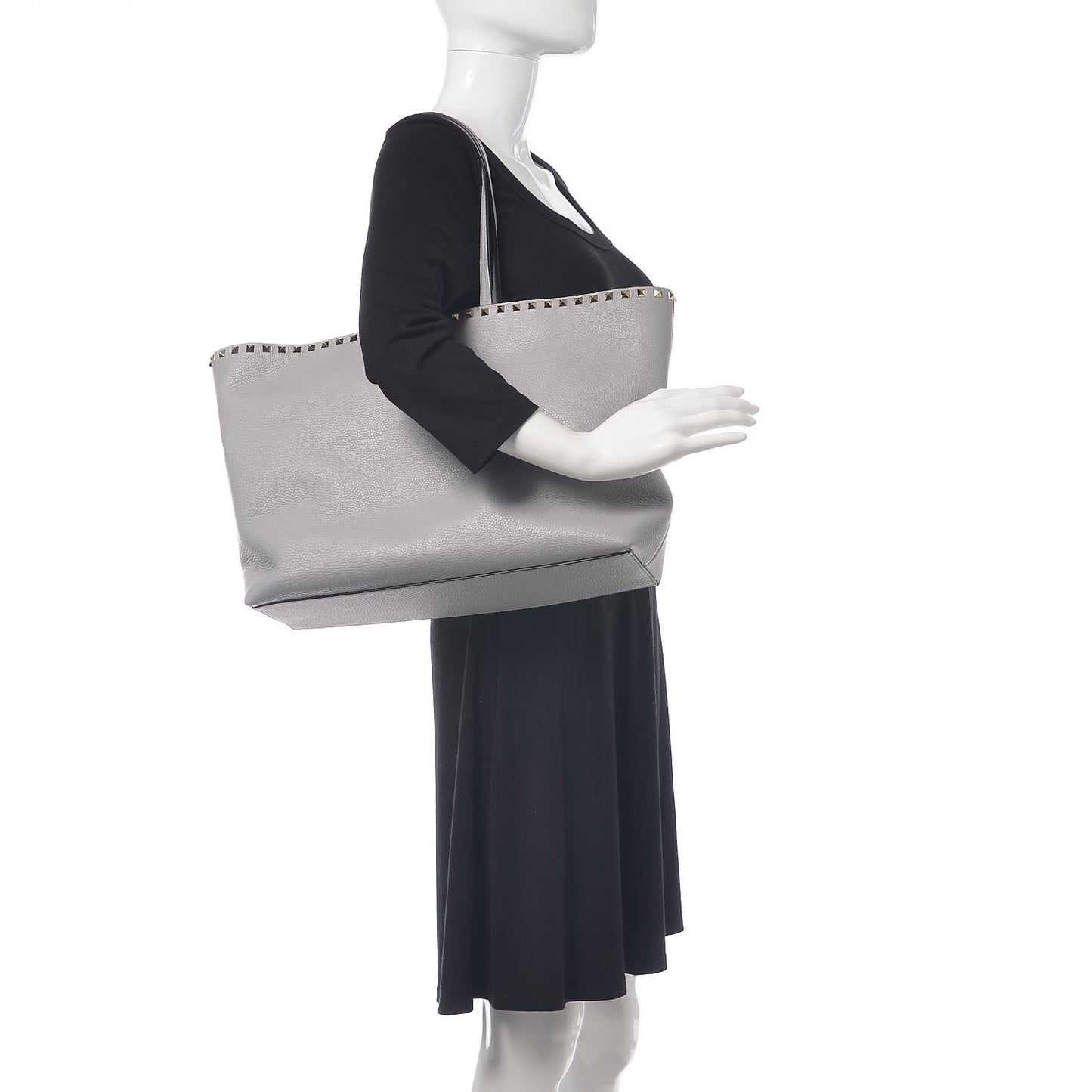 Grained Calfskin Rockstud Shoulder Tote Pastel Grey