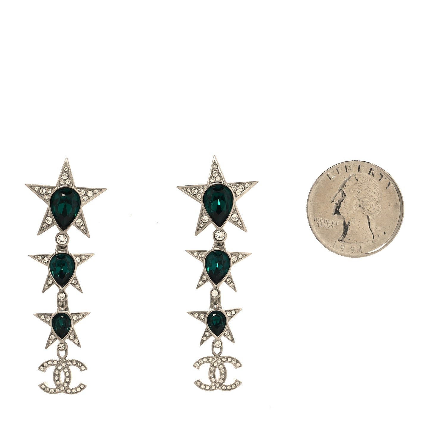 Crystal CC Star Drop Earrings Silver Green