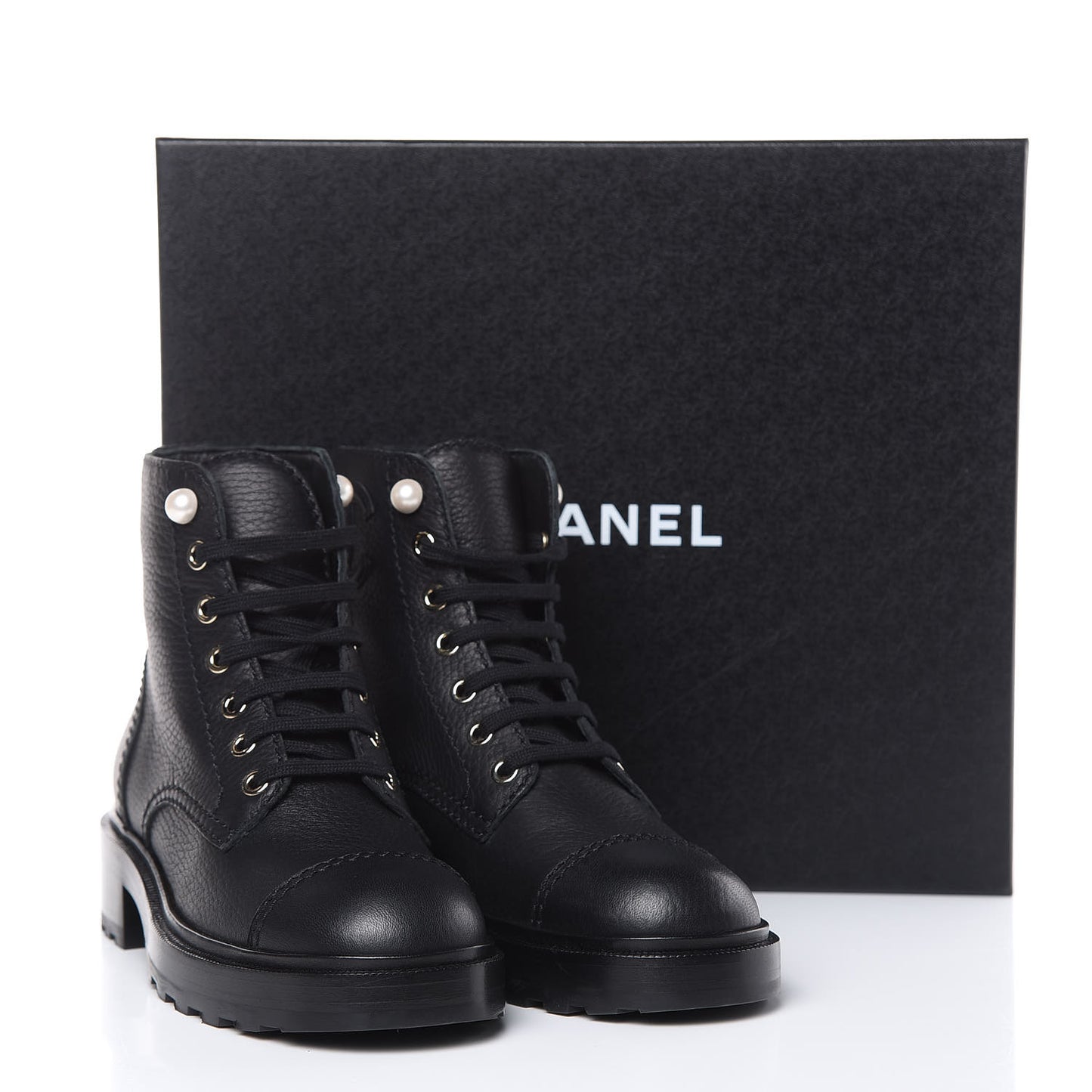Calfskin Pearl Combat Ankle Boots 37 Black