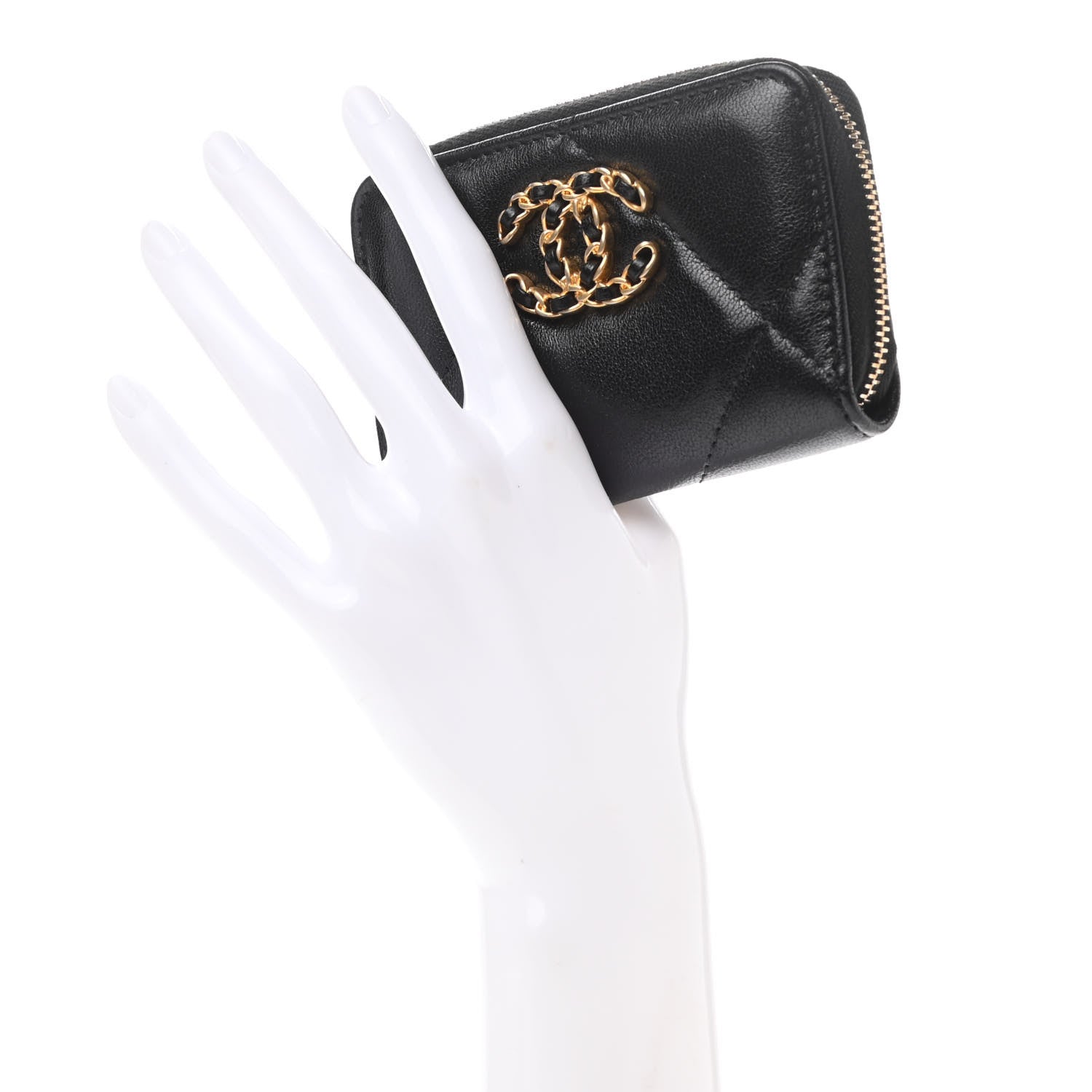 Chanel Shiny Goatskin Quilted Chanel 19 Zip Around Coin Purse Wallet Black 2 of 8