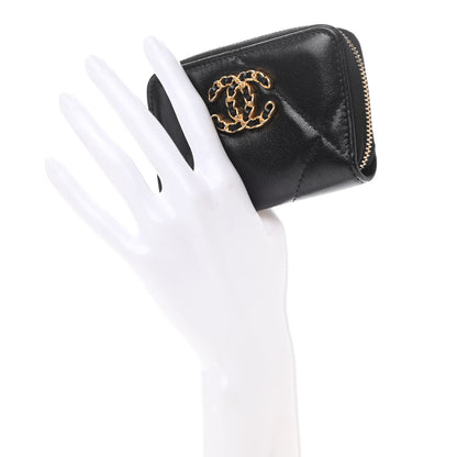 Chanel Shiny Goatskin Quilted Chanel 19 Zip Around Coin Purse Wallet Black 2 of 8