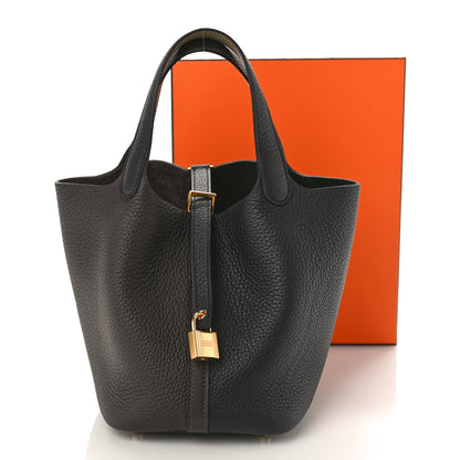 Hermes Taurillon Clemence Casaque Picotin Lock 18 PM Ebene Black Etoupe 9 of 9