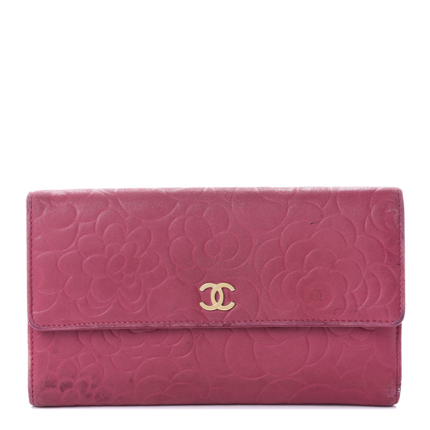 Lambskin Embossed Camellia Large Gusset Flap Wallet Pink