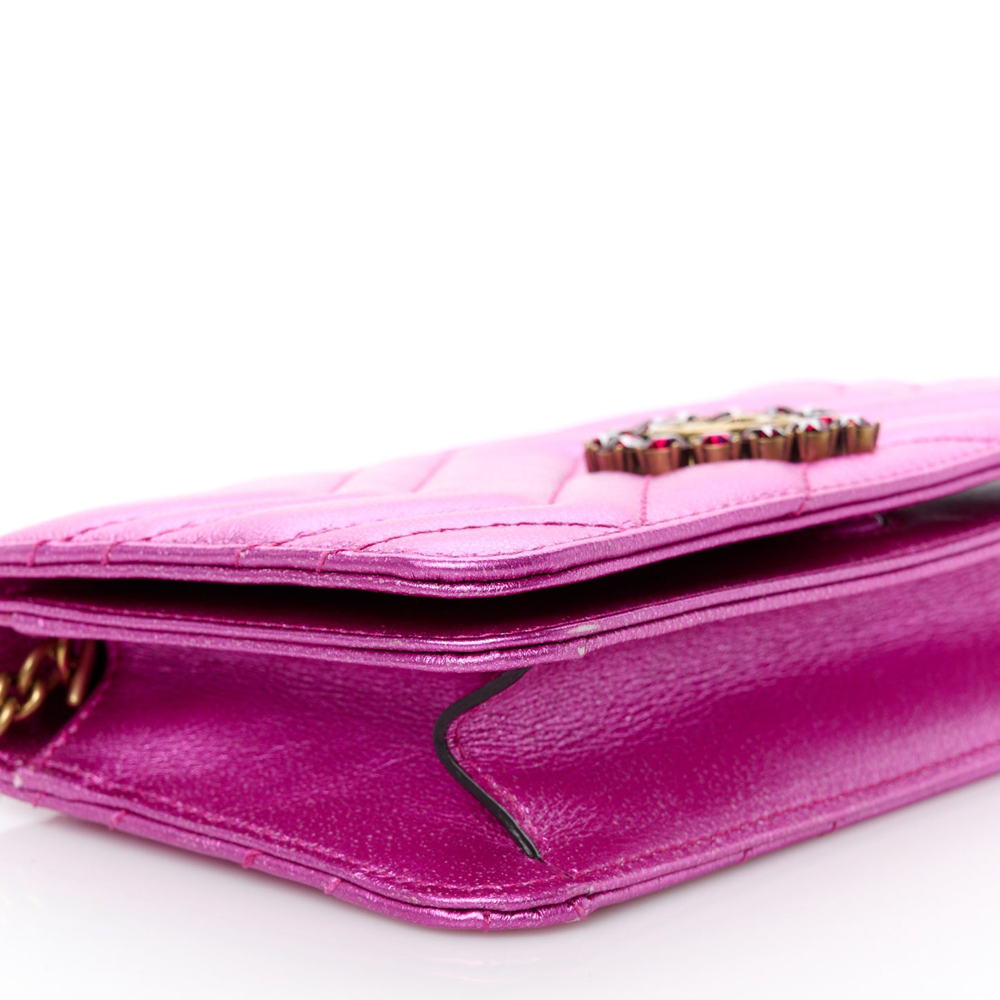 Metallic Calfskin Matelasse Crystal GG Marmont Mini Bag Fuchsia