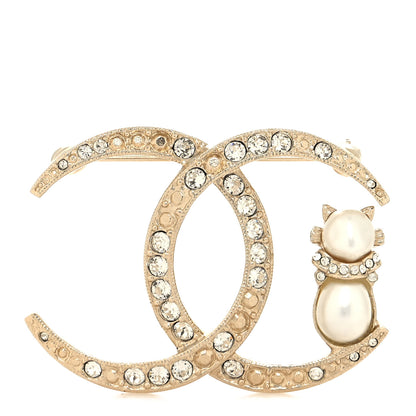 Chanel Pearl Crystal CC Cat Moon Brooch Gold 1 of 3