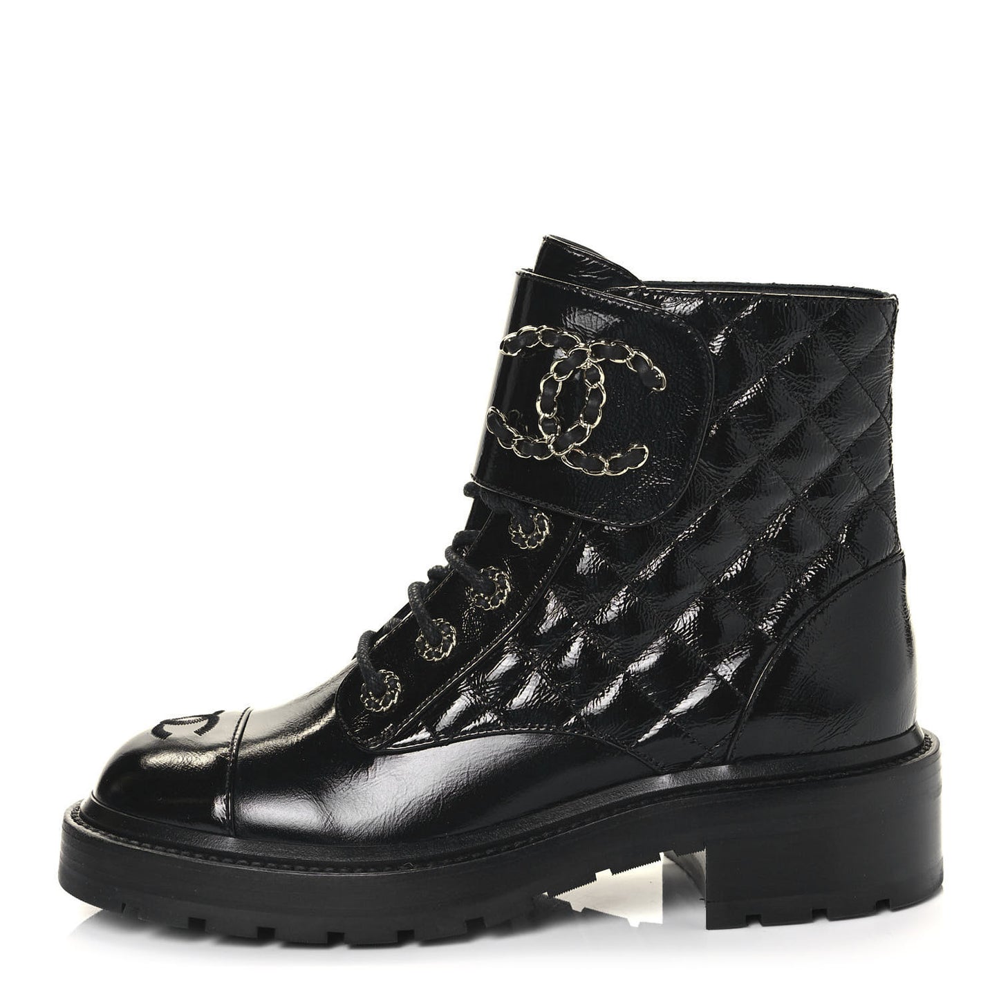 Shiny Calfskin Quilted Lace Up Combat Boots 37.5 Black