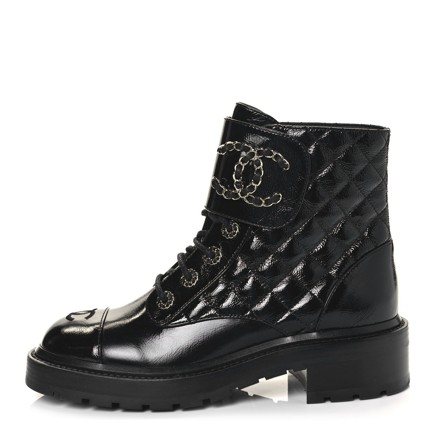 Chanel Shiny Calfskin Quilted Lace Up Combat Boots 37.5 Black 1 of 8