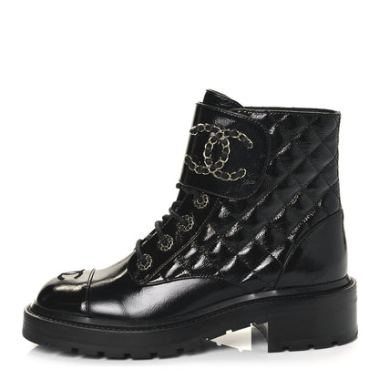 Chanel Shiny Calfskin Quilted Lace Up Combat Boots 37.5 Black 1 of 8