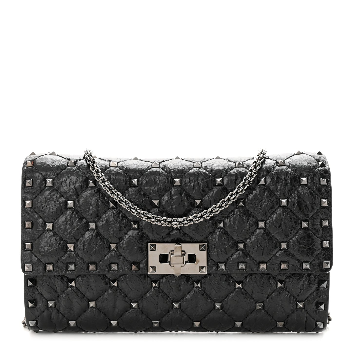 Craquele Nappa Rockstud Spike Wallet on Chain Black