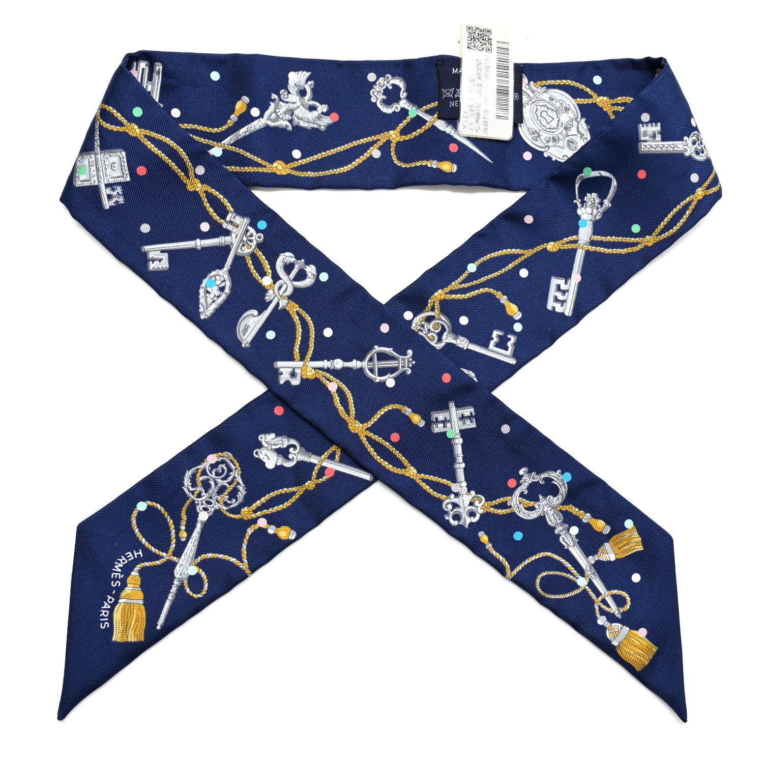 Hermes Silk Les Cles A Pois Twilly Marine Gris Argent 1 of 4