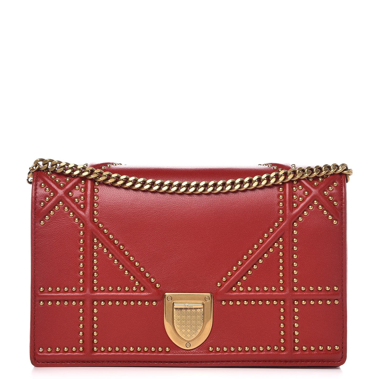 Lambskin Studded Diorama Wallet on Chain Pouch Red
